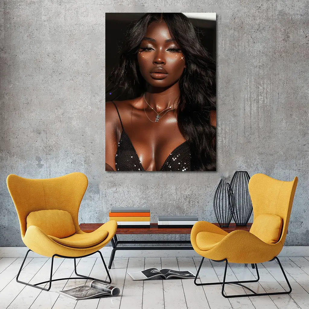 Glamorous Black Woman Glitter Portrait Dark Background – Wall Art