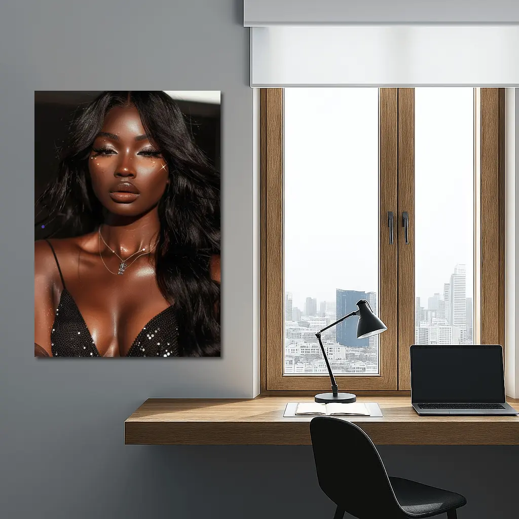 Glamorous Black Woman Glitter Portrait Dark Background – Wall Art