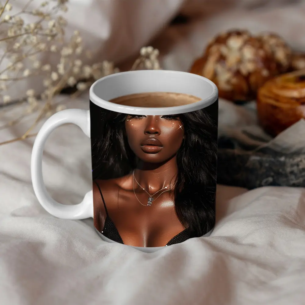 Glamorous Black Woman Glitter Portrait Dark Background – Mugs