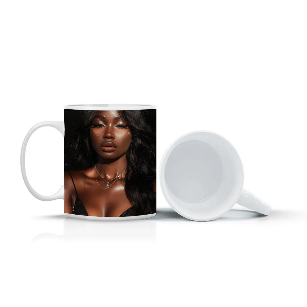 Glamorous Black Woman Glitter Portrait Dark Background – Mugs