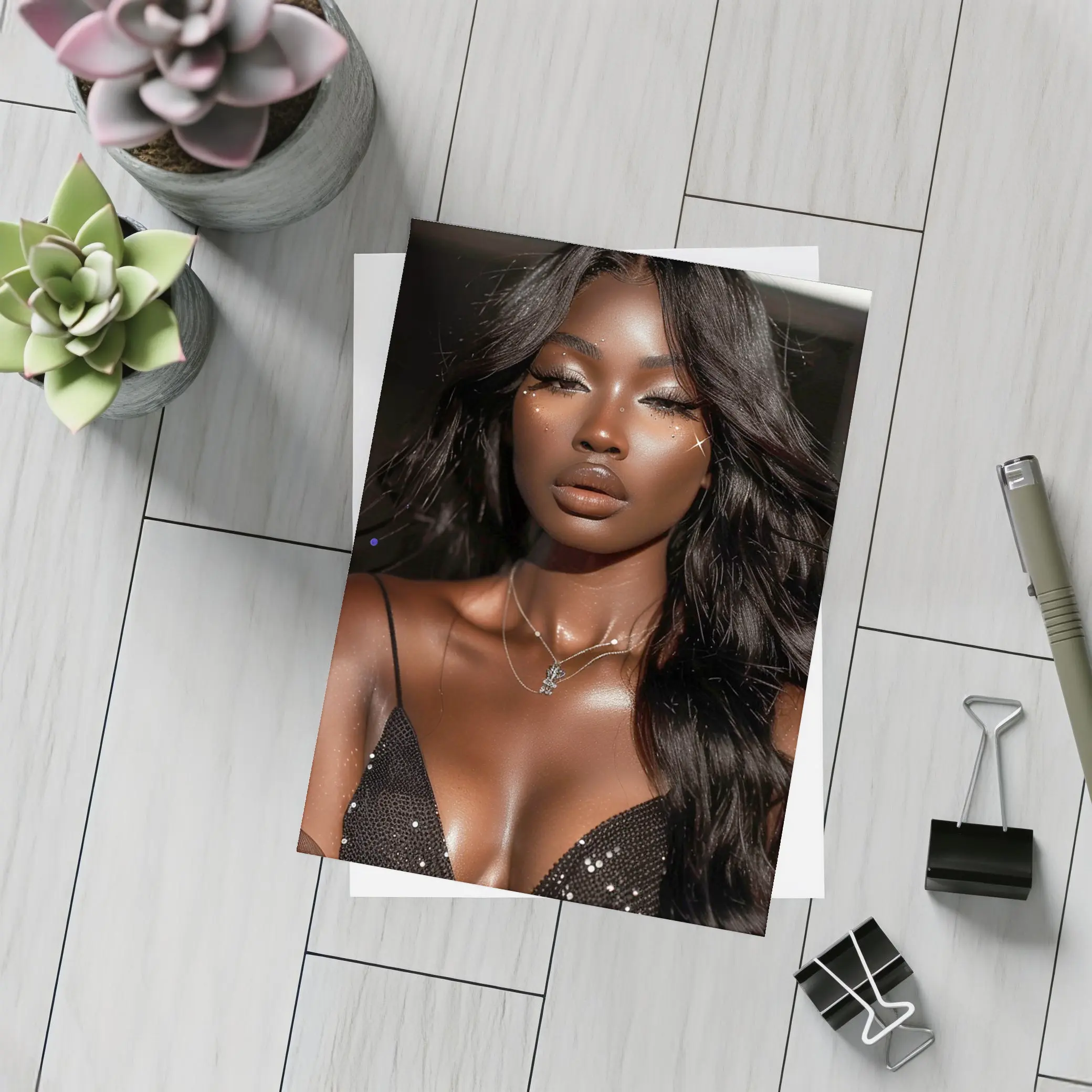 Glamorous Black Woman Glitter Portrait Dark Background – Postcards