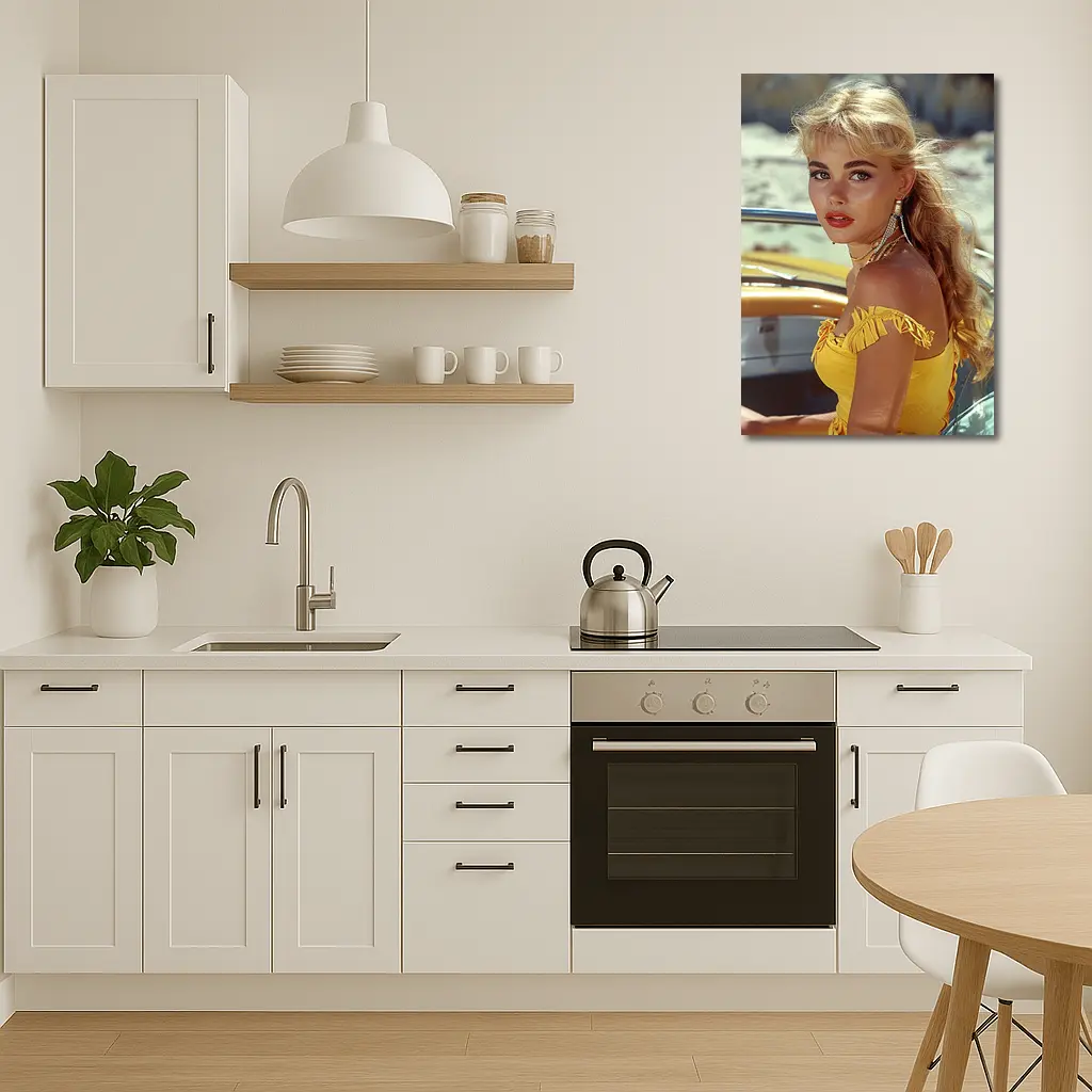 Blonde Woman Yellow Dress Retro Beach – Wall Art