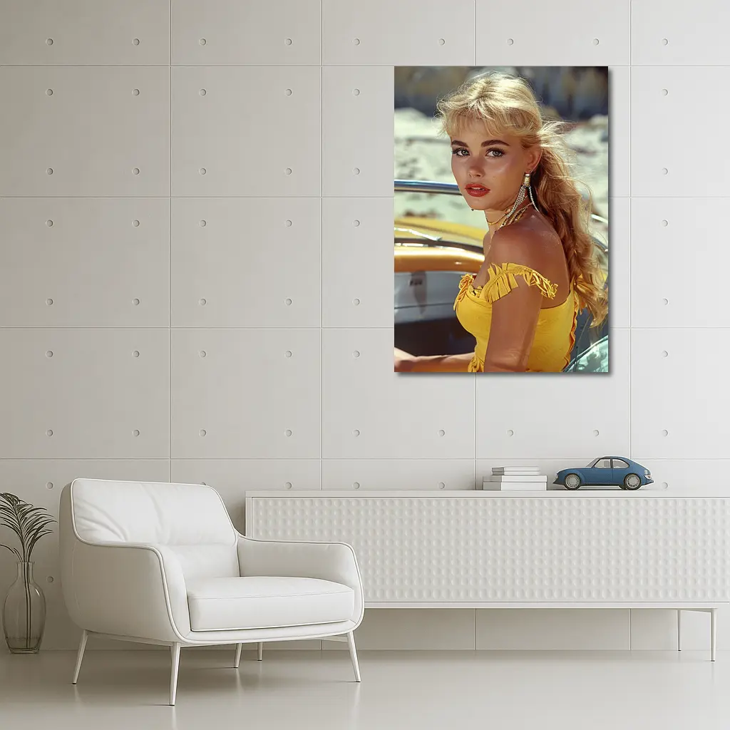 Blonde Woman Yellow Dress Retro Beach – Wall Art