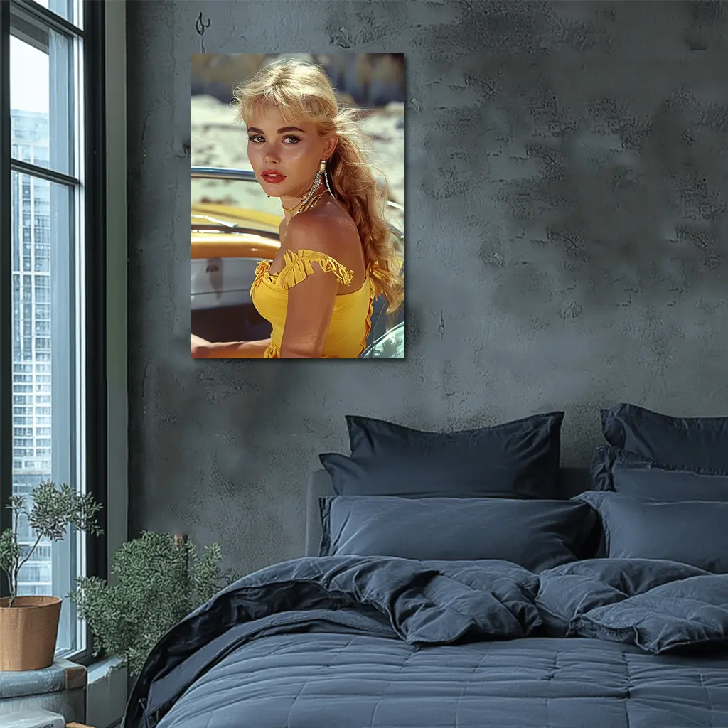 Blonde Woman Yellow Dress Retro Beach – Wall Art