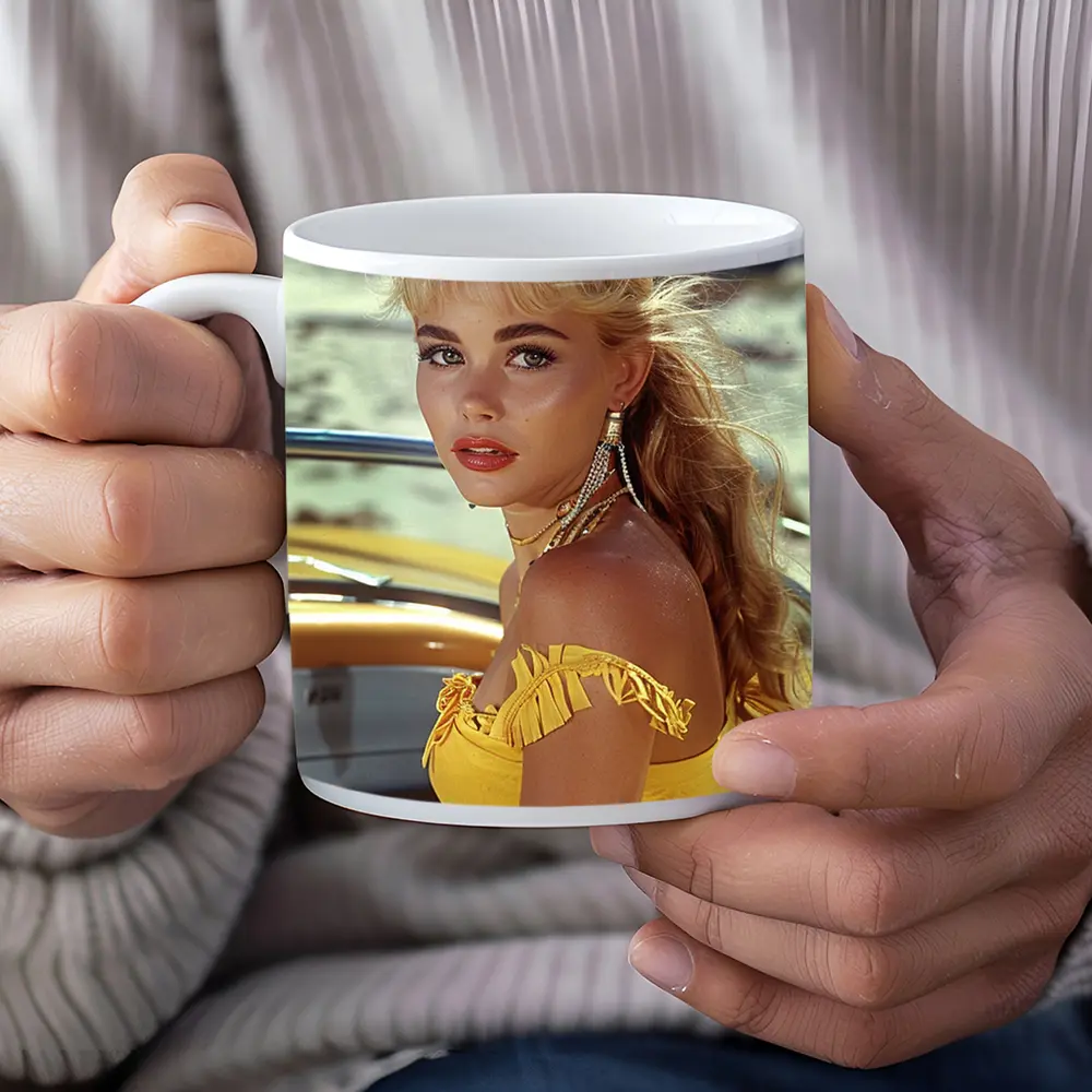 Blonde Woman Yellow Dress Retro Beach – Mugs