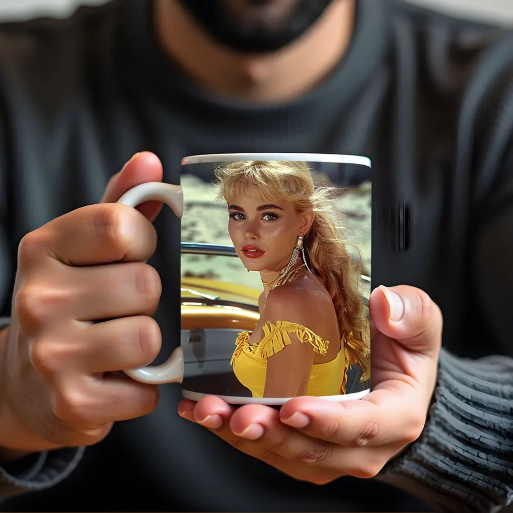 Blonde Woman Yellow Dress Retro Beach – Mugs