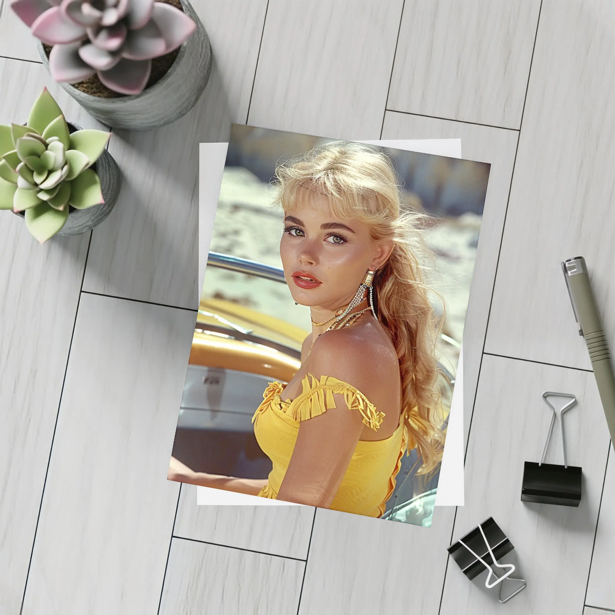 Blonde Woman Yellow Dress Retro Beach – Postcards