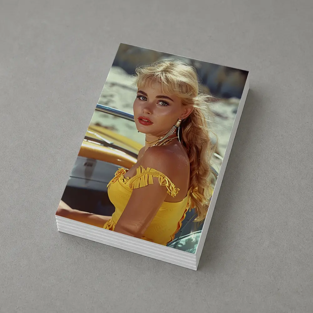 Blonde Woman Yellow Dress Retro Beach – Postcards