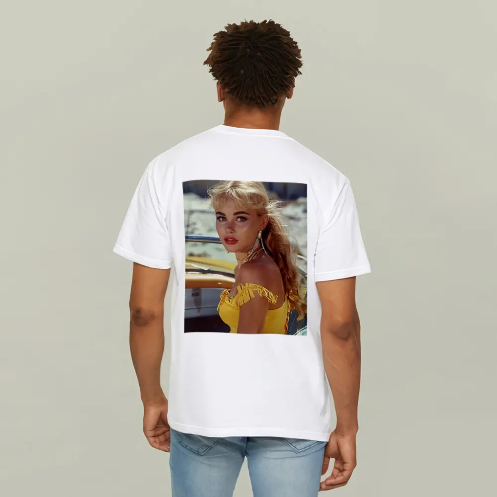 Blonde Woman Yellow Dress Retro Beach – T-Shirts