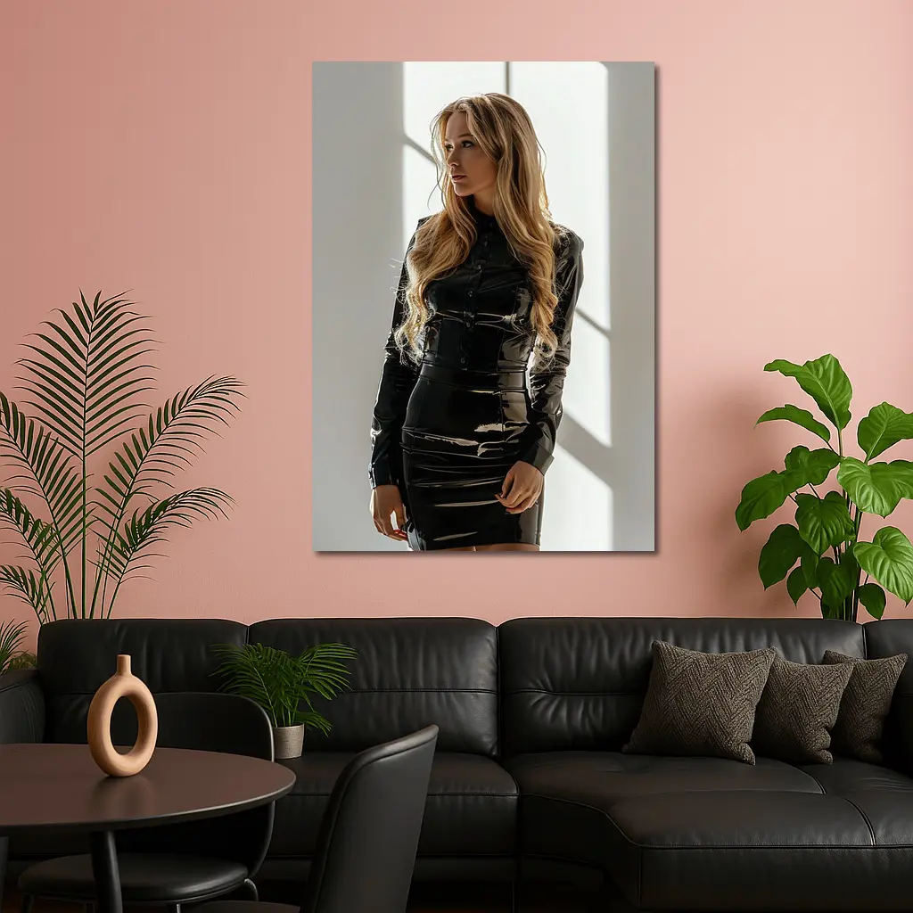 Blonde Woman Black Latex Dress White Studio – Wall Art