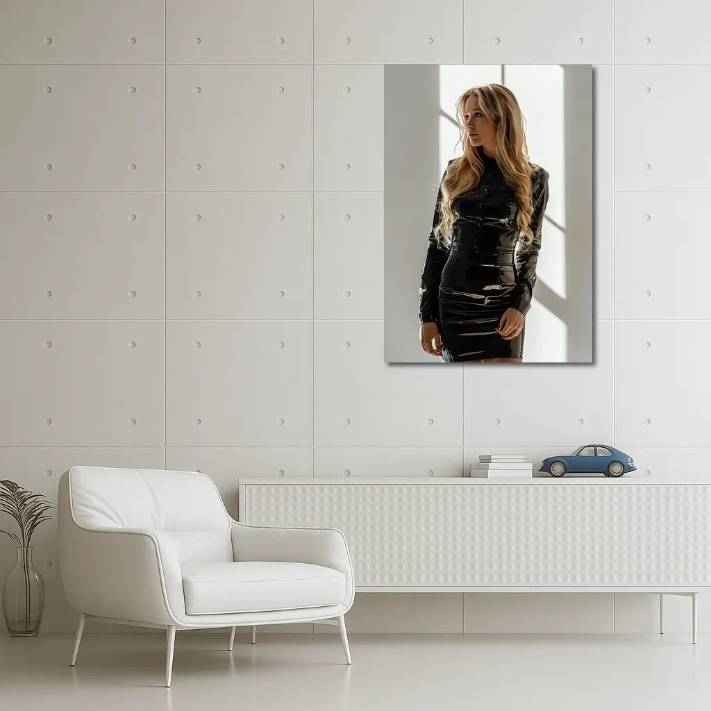 Blonde Woman Black Latex Dress White Studio – Wall Art