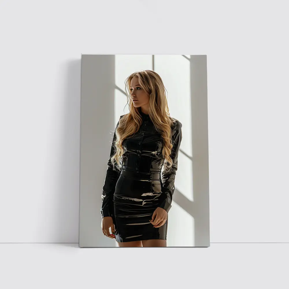 Blonde Woman Black Latex Dress White Studio – Wall Art