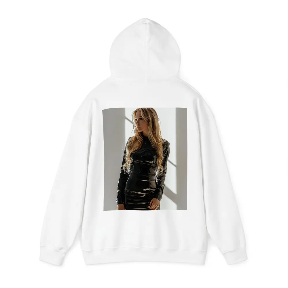 Blonde Woman Black Latex Dress White Studio – Hoodies