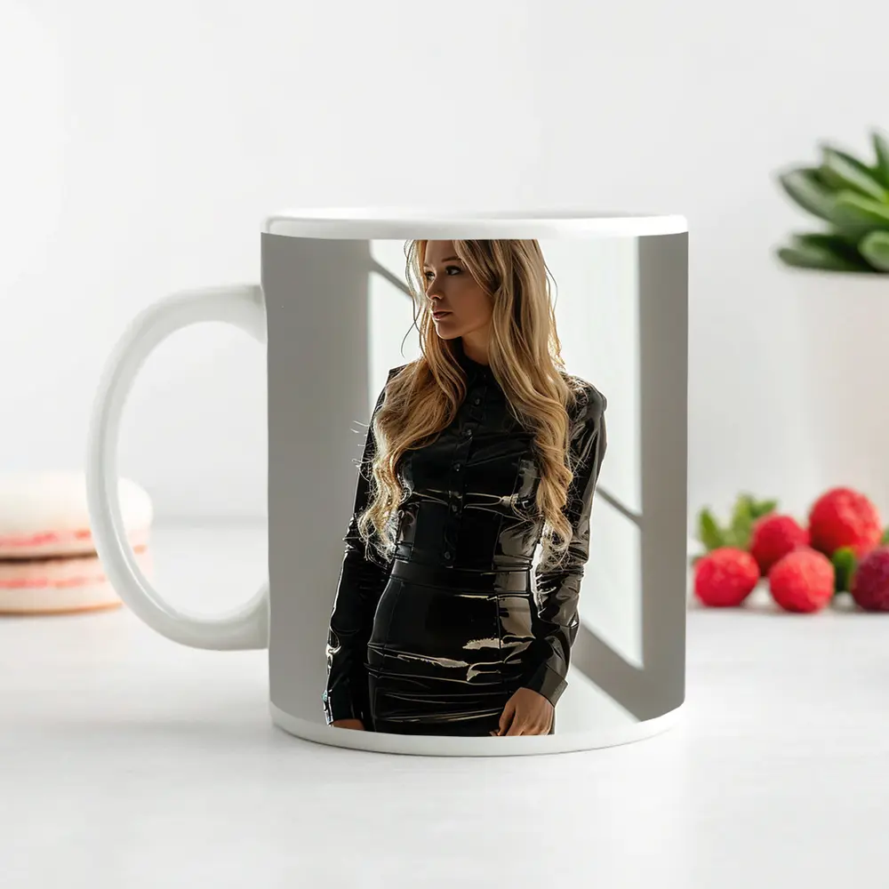 Blonde Woman Black Latex Dress White Studio – Mugs
