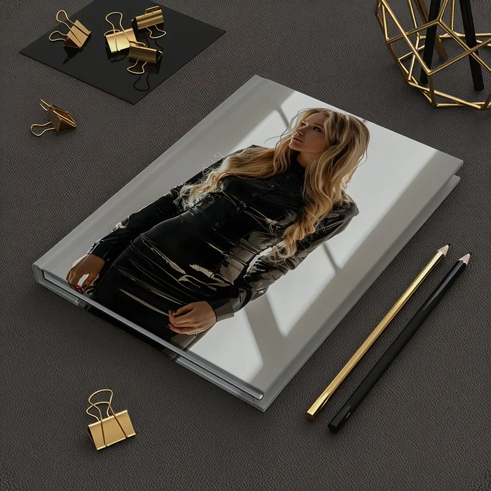 Blonde Woman Black Latex Dress White Studio – Notebooks