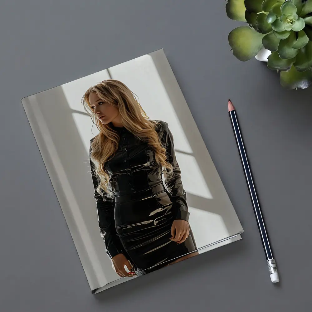 Blonde Woman Black Latex Dress White Studio – Notebooks