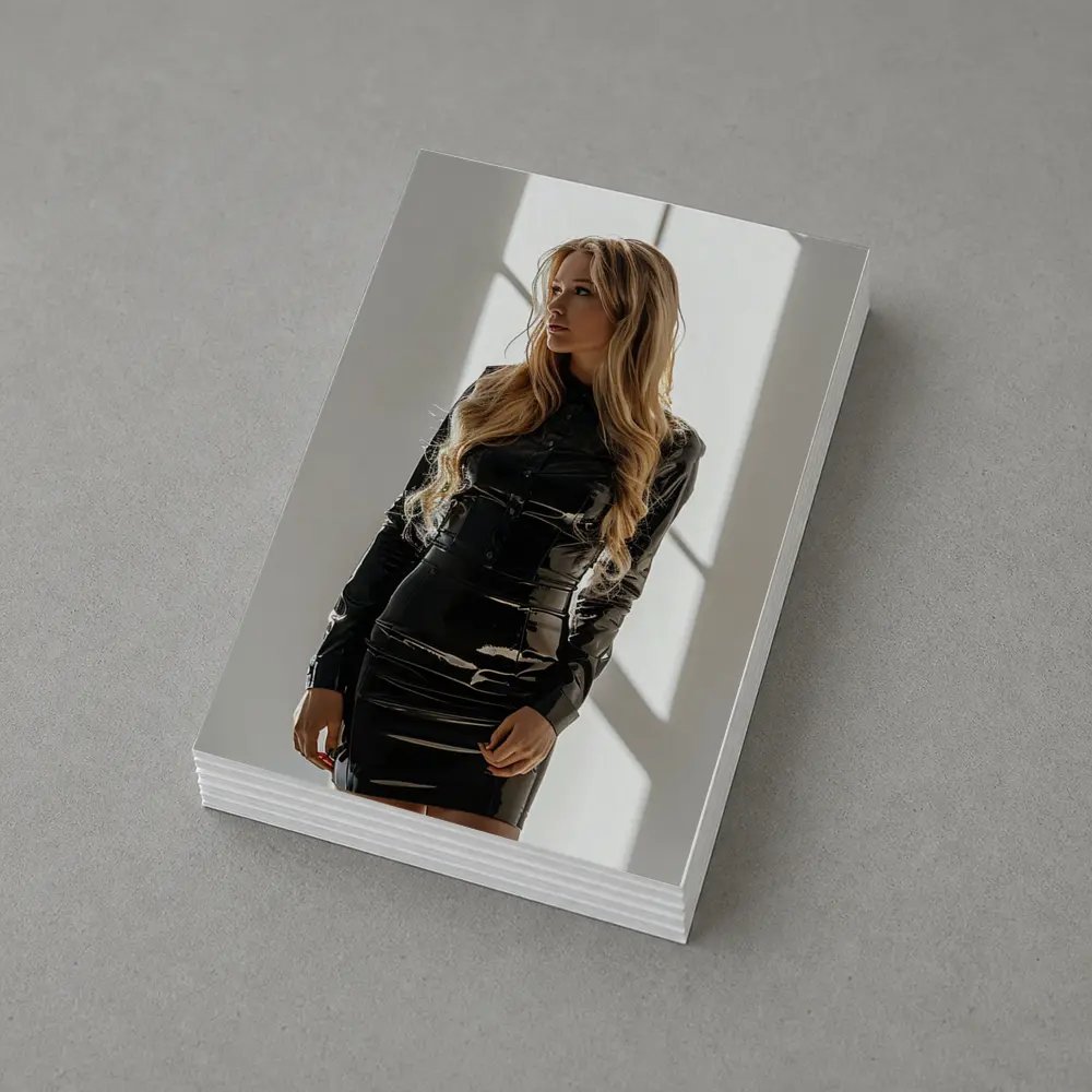 Blonde Woman Black Latex Dress White Studio – Postcards