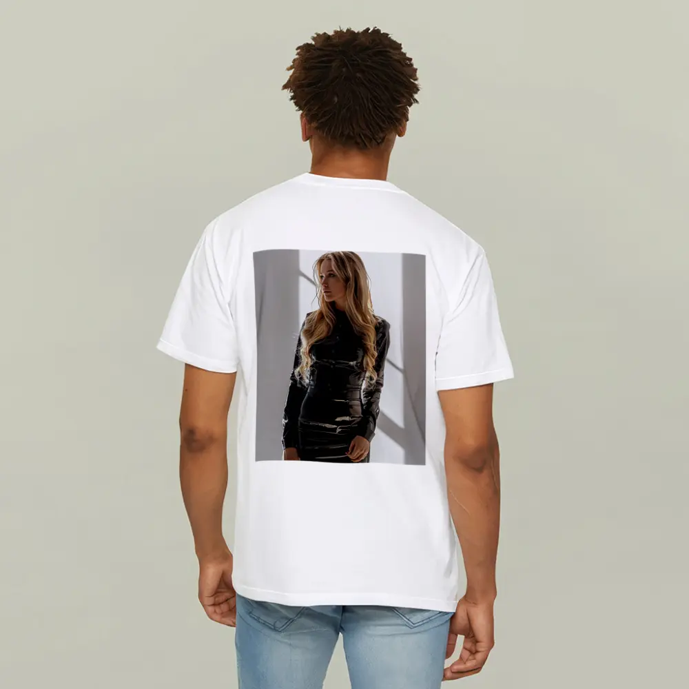 Blonde Woman Black Latex Dress White Studio – T-Shirts