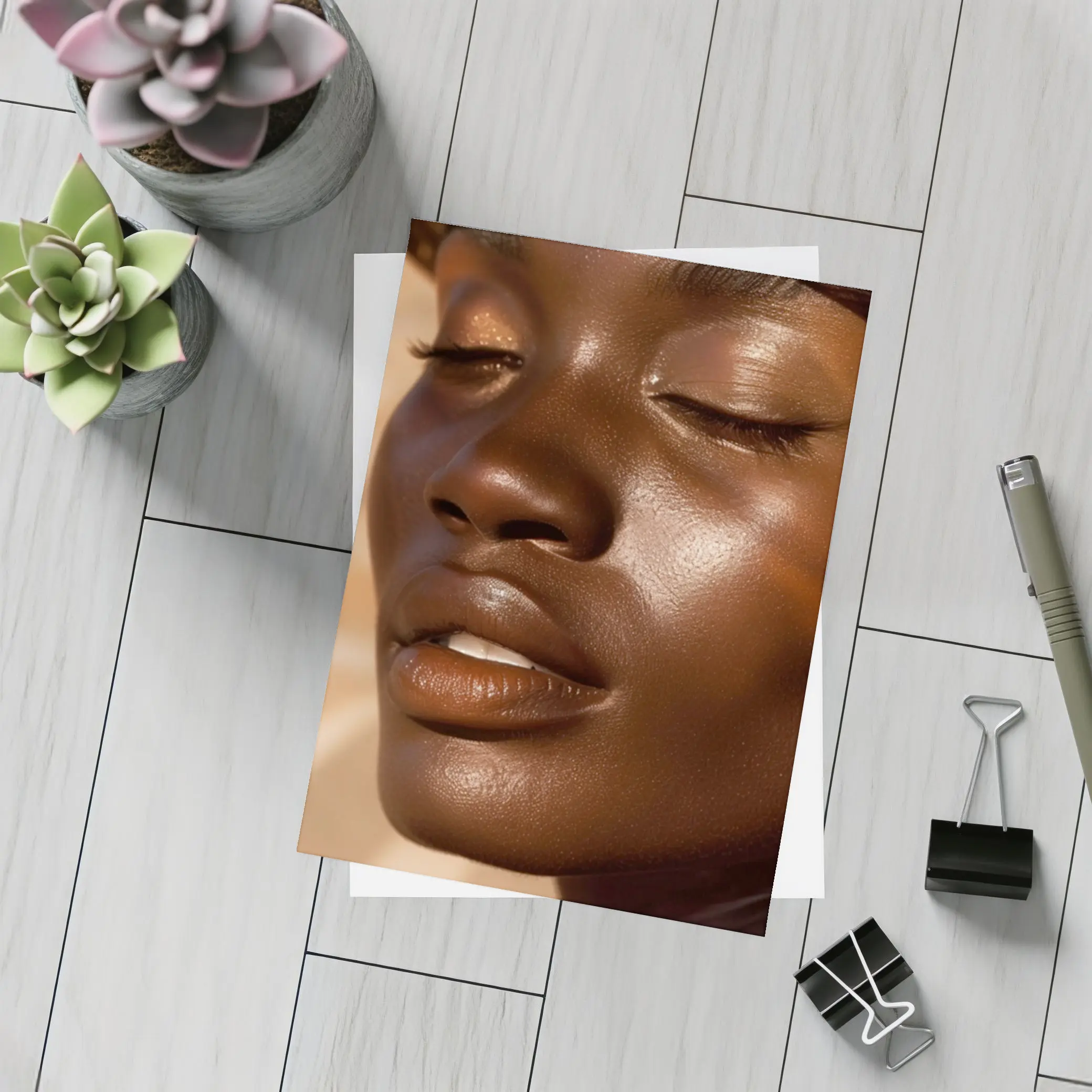 Close Up Portrait Black Woman Glowing Skin – Postcards