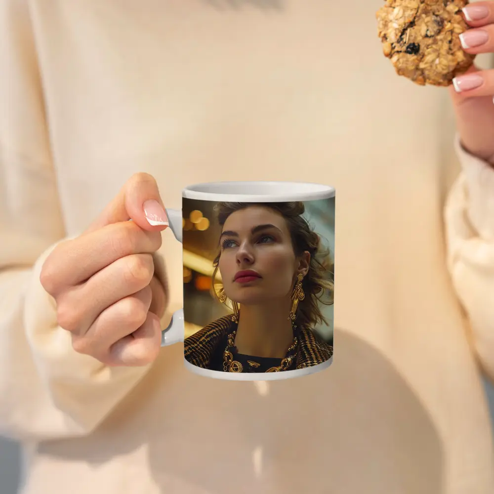 Elegant Woman Gold Jewelry Fashion Portrait – Mugs