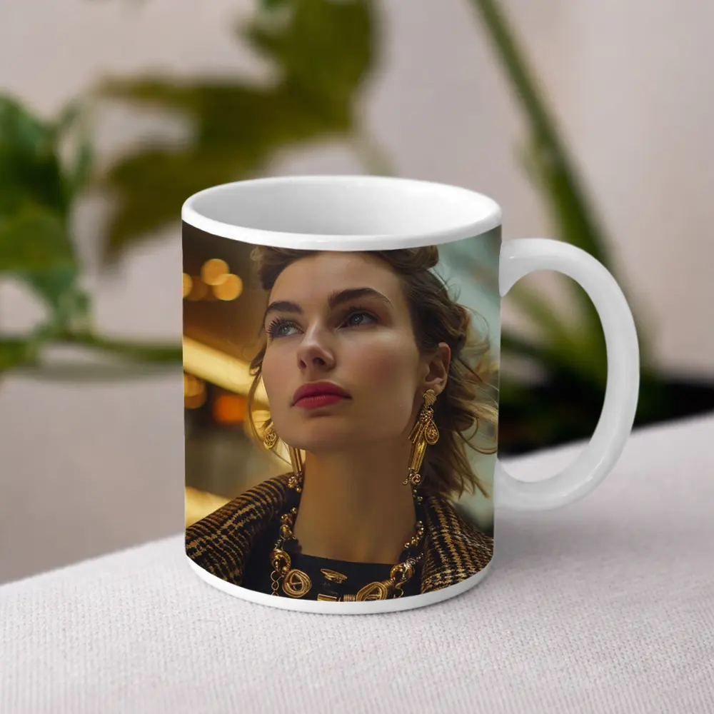 Elegant Woman Gold Jewelry Fashion Portrait – Mugs