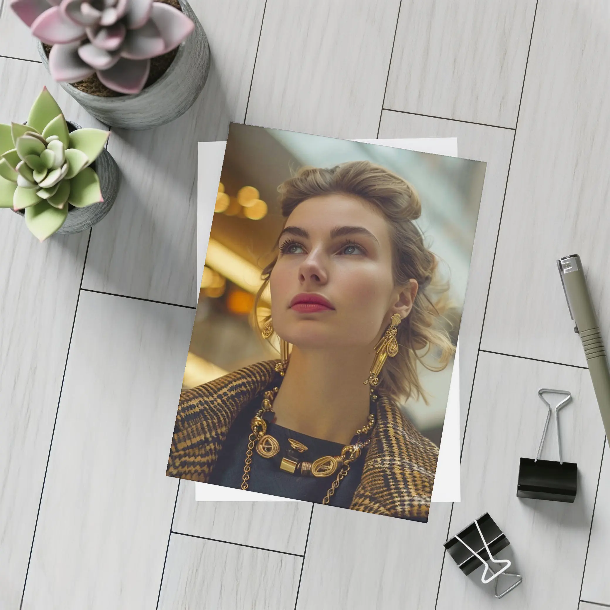 Elegant Woman Gold Jewelry Fashion Portrait – Postcards