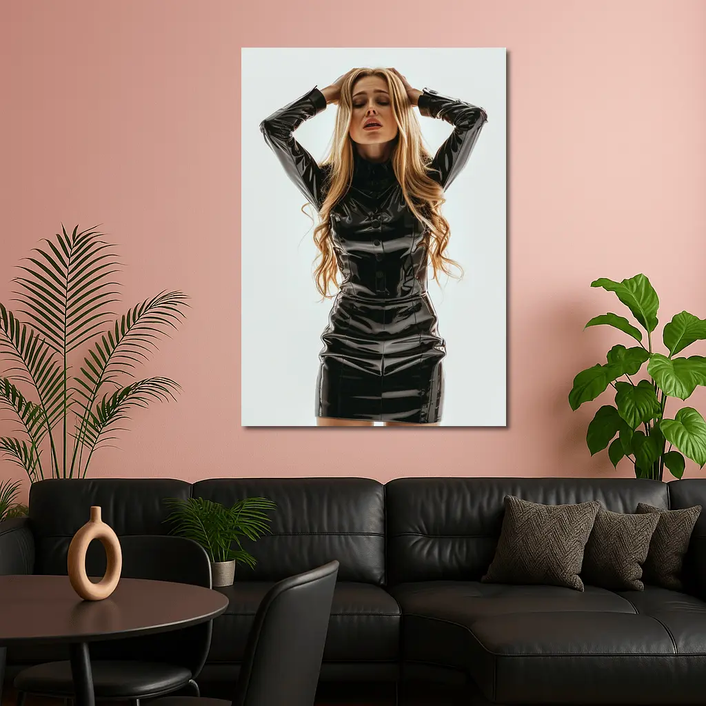 Blonde Woman Black Latex Dress White Background – Wall Art