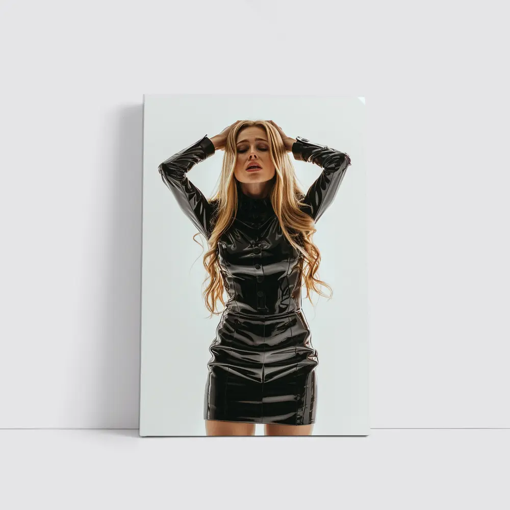 Blonde Woman Black Latex Dress White Background – Wall Art