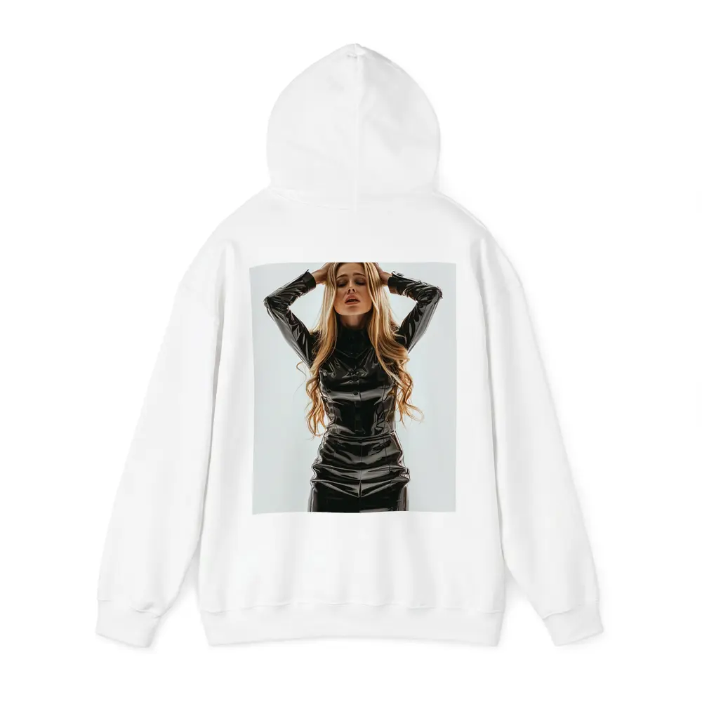 Blonde Woman Black Latex Dress White Background – Hoodies