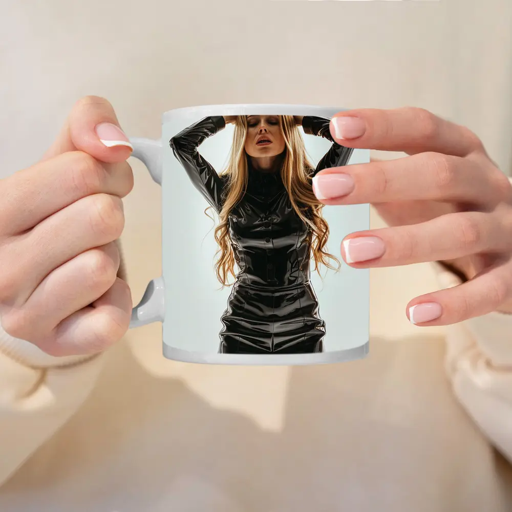 Blonde Woman Black Latex Dress White Background – Mugs