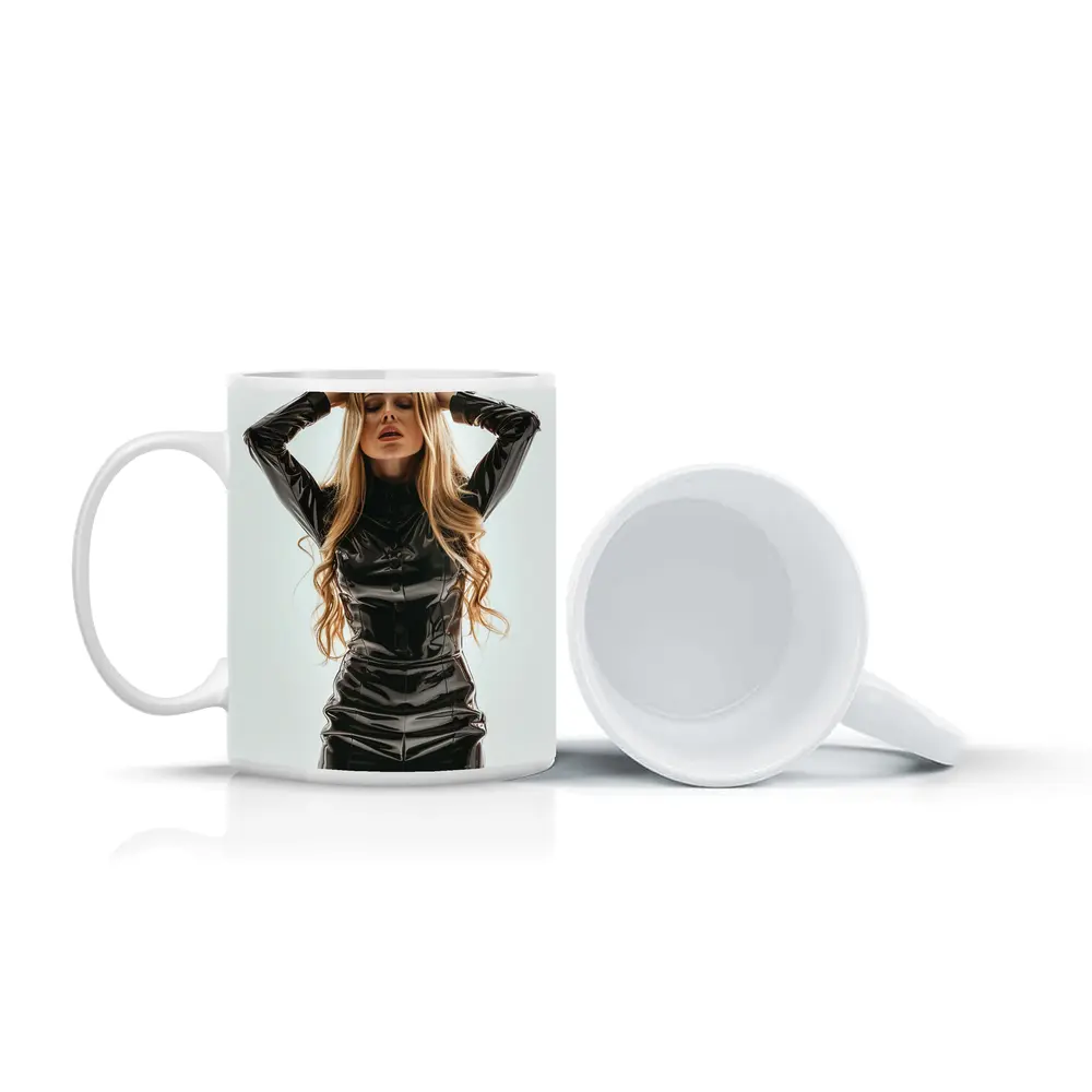 Blonde Woman Black Latex Dress White Background – Mugs