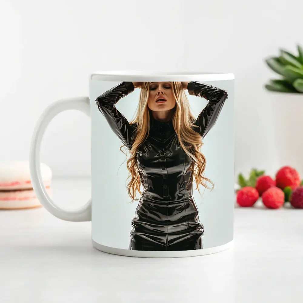 Blonde Woman Black Latex Dress White Background – Mugs