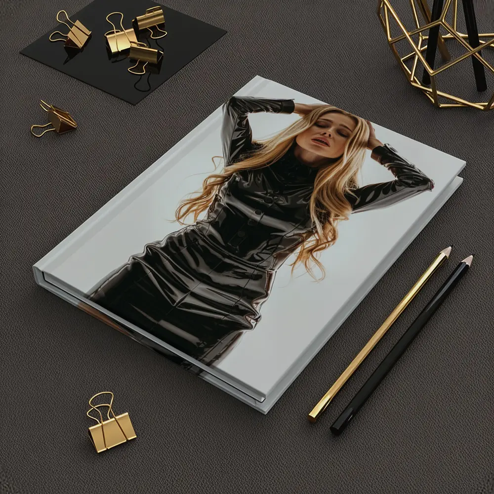 Blonde Woman Black Latex Dress White Background – Notebooks
