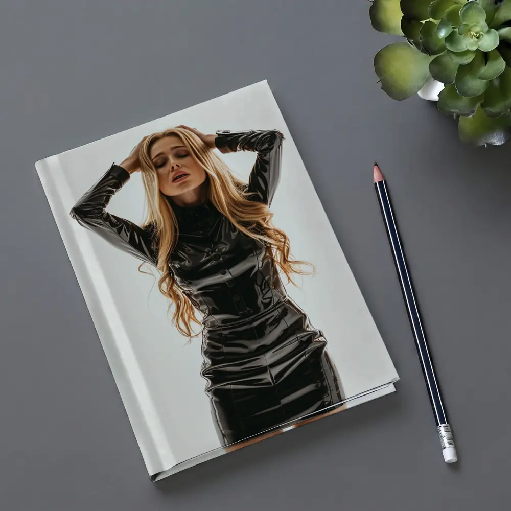 Blonde Woman Black Latex Dress White Background – Notebooks