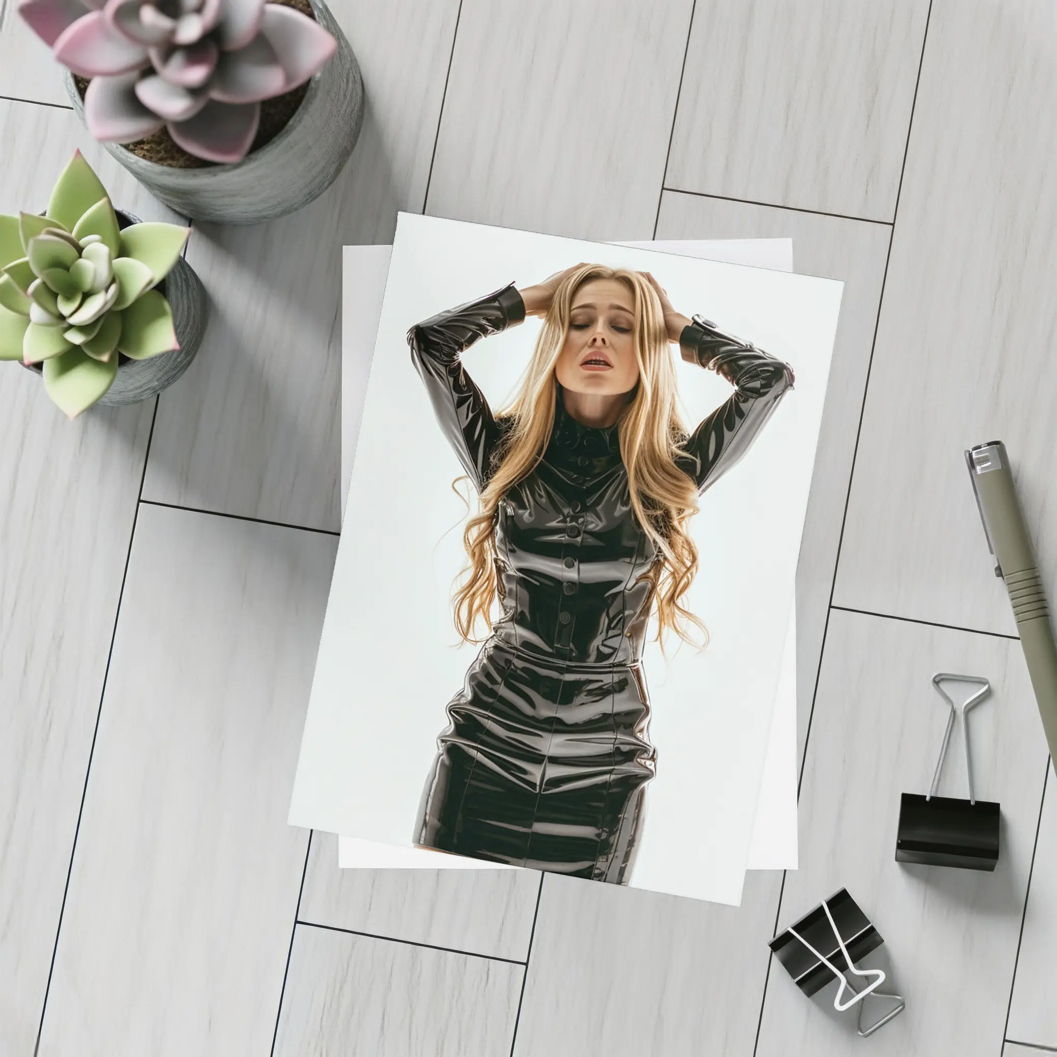 Blonde Woman Black Latex Dress White Background – Postcards