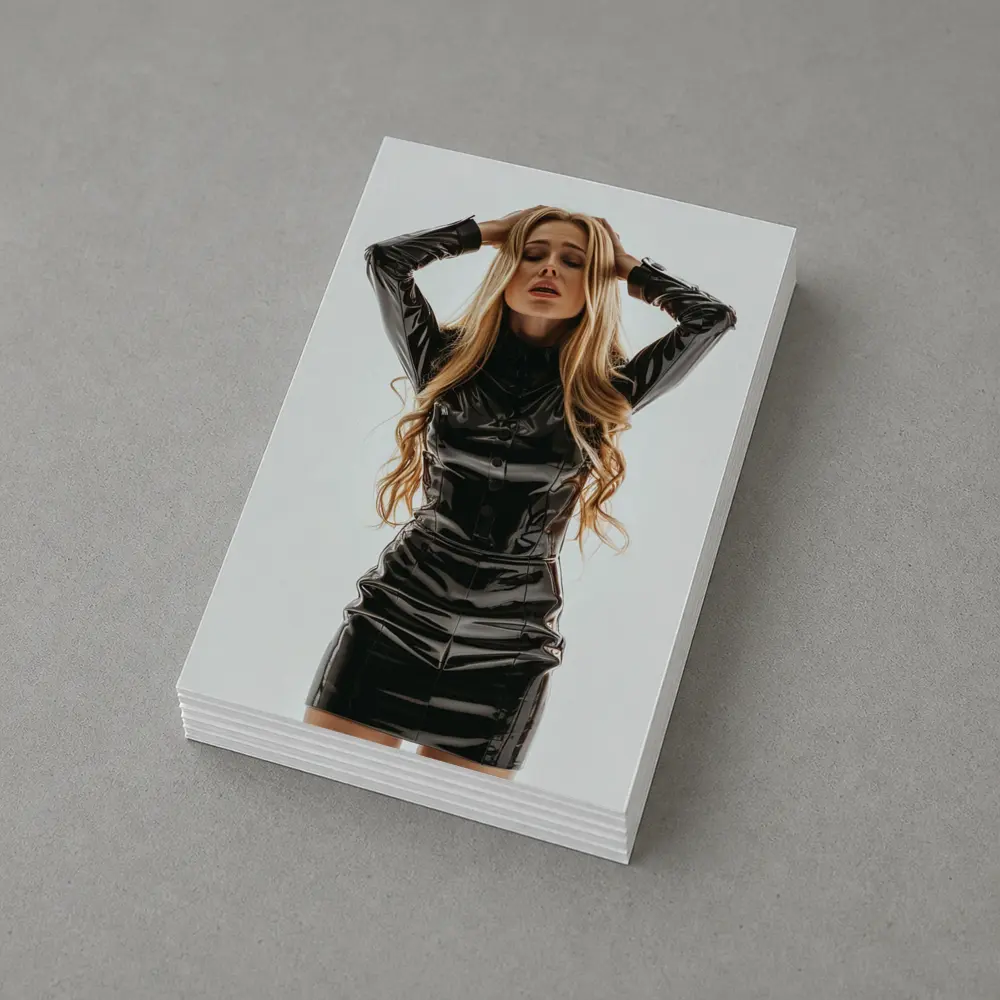 Blonde Woman Black Latex Dress White Background – Postcards