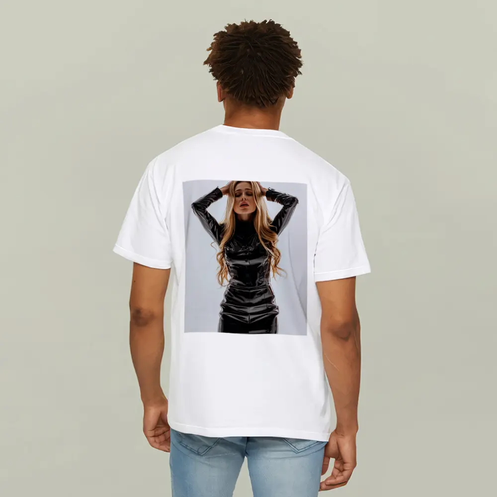 Blonde Woman Black Latex Dress White Background – T-Shirts