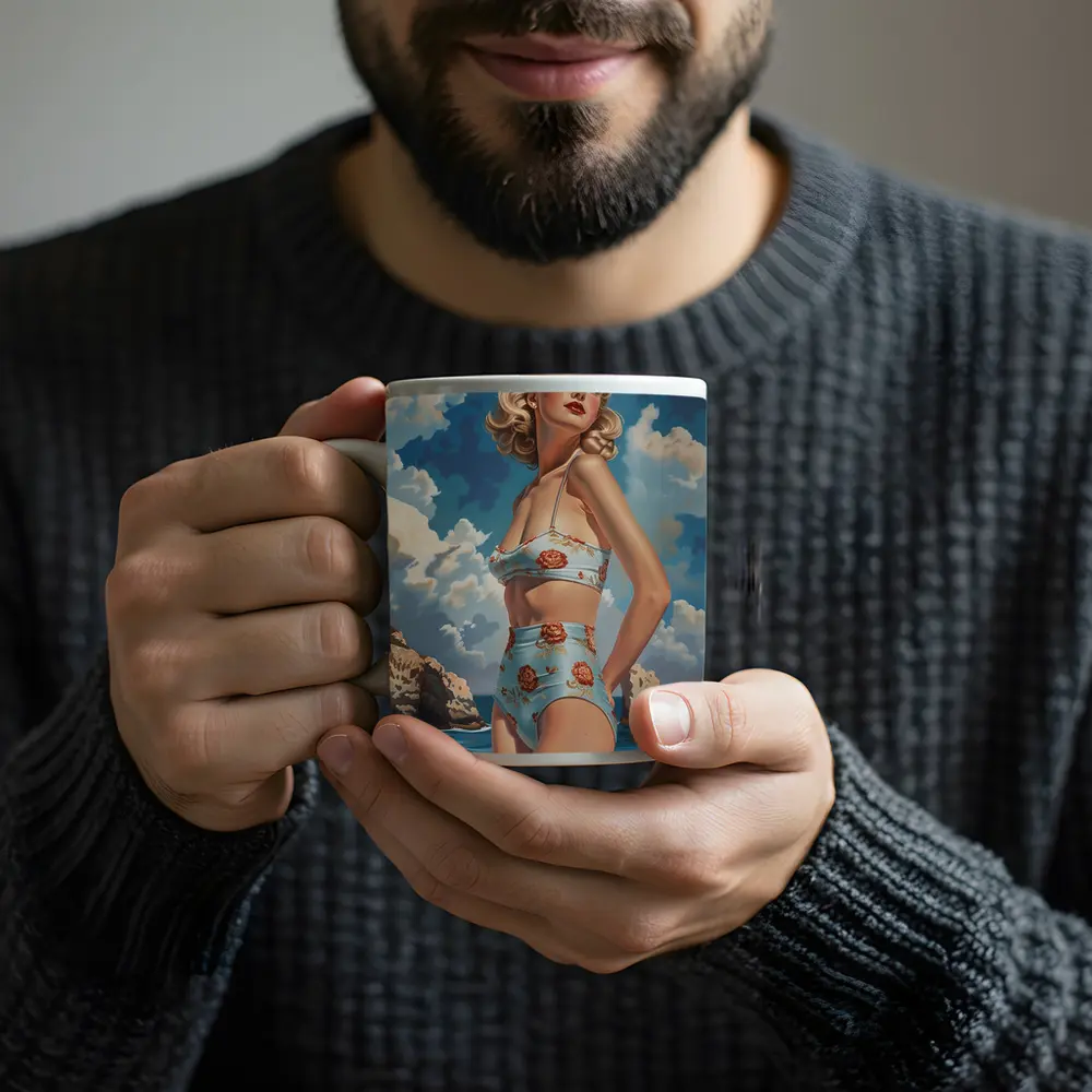 Retro Pin Up Woman Ocean Painting Art – Mugs