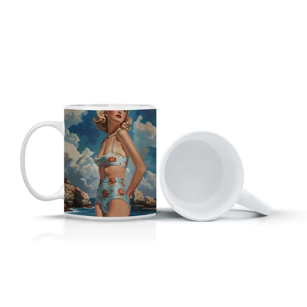 Retro Pin Up Woman Ocean Painting Art – Mugs