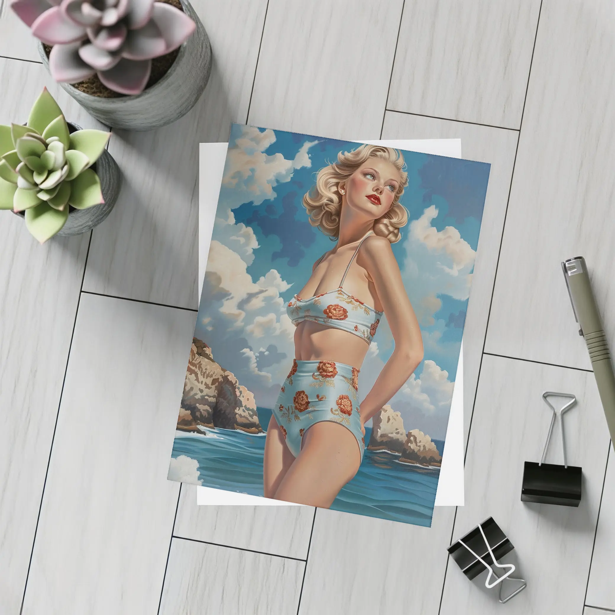 Retro Pin Up Woman Ocean Painting Art – Postcards