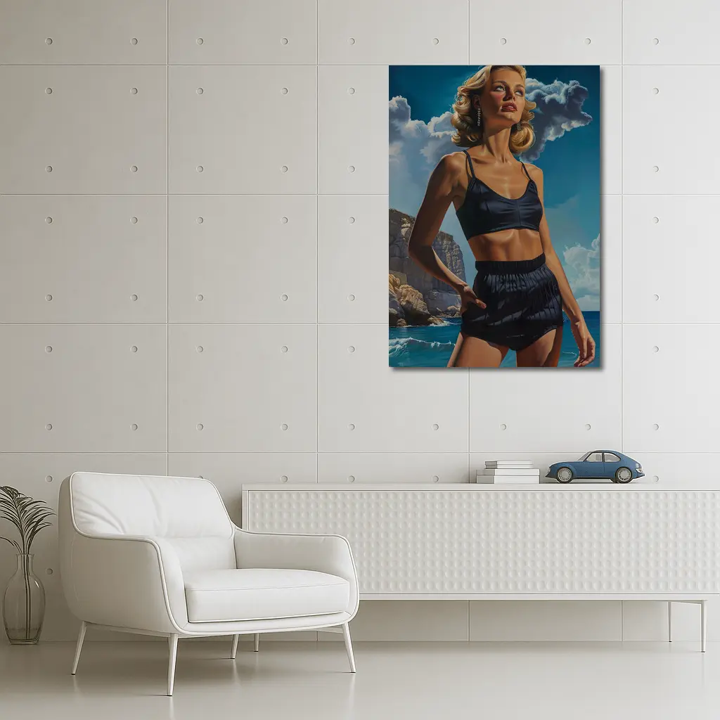 Retro Woman Blonde Beach Coastal Painting Art – Wall Art