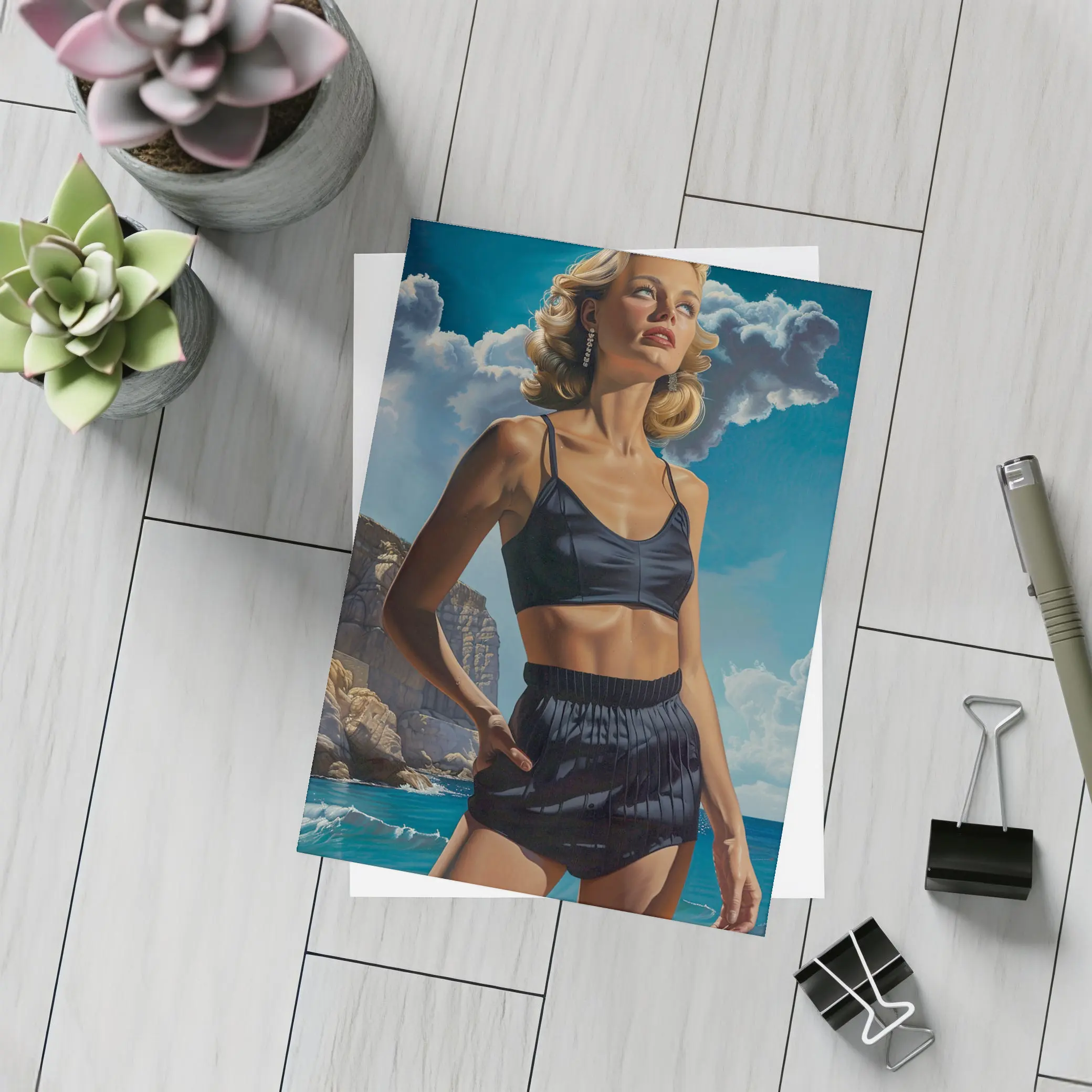 Retro Woman Blonde Beach Coastal Painting Art – Postcards