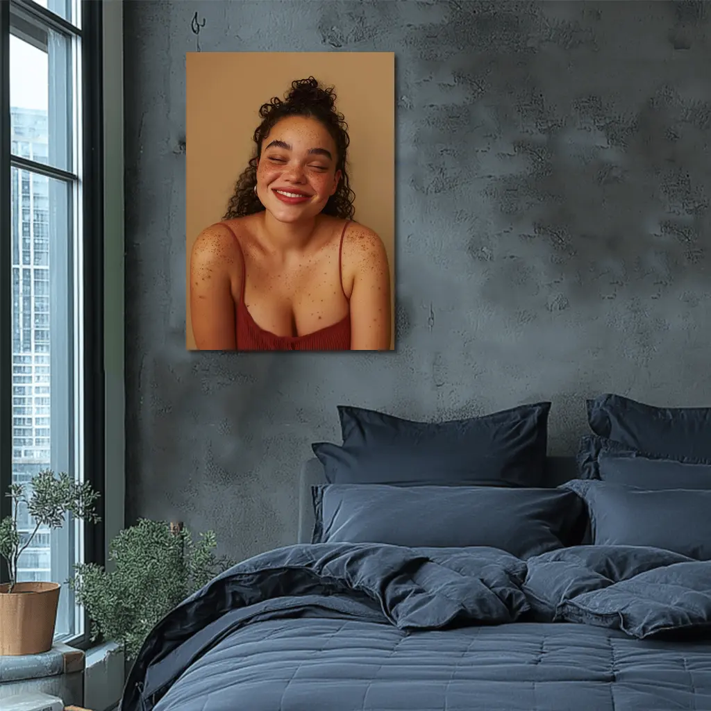 Smiling Young Woman Freckles Beige Background – Wall Art