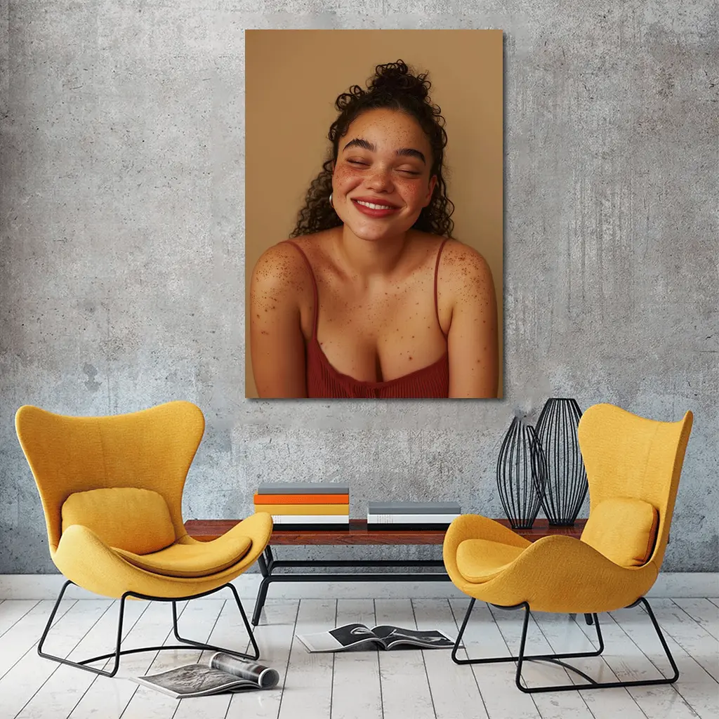Smiling Young Woman Freckles Beige Background – Wall Art