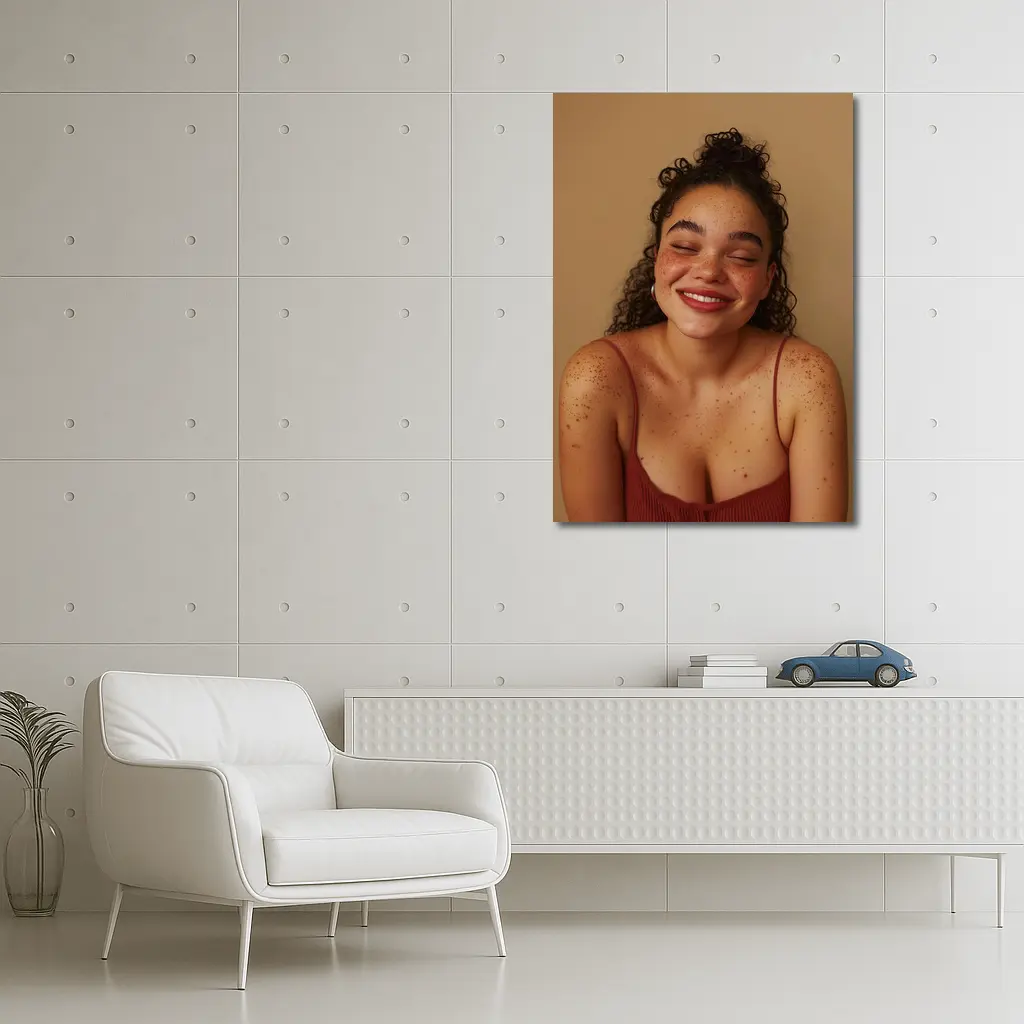 Smiling Young Woman Freckles Beige Background – Wall Art