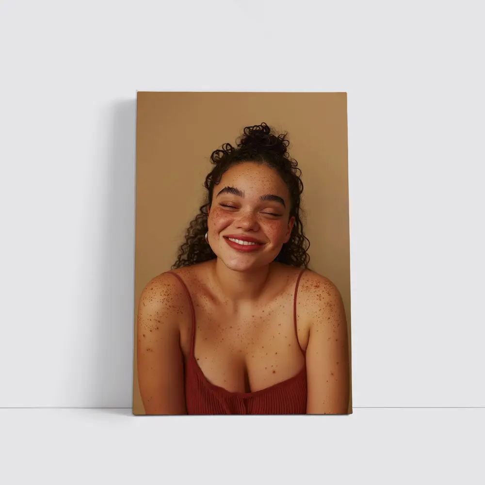 Smiling Young Woman Freckles Beige Background – Wall Art