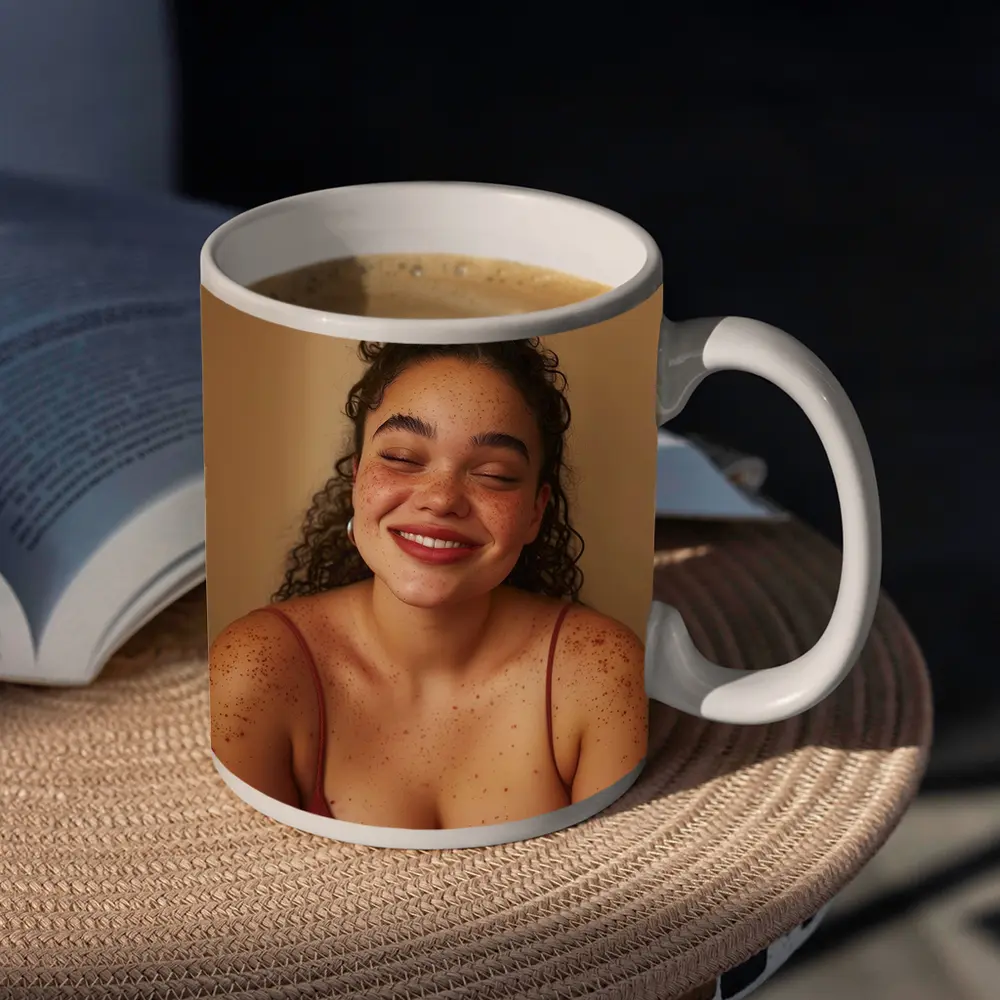 Smiling Young Woman Freckles Beige Background – Mugs