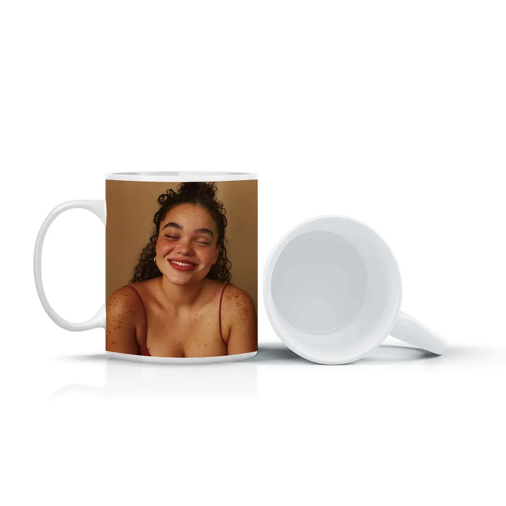 Smiling Young Woman Freckles Beige Background – Mugs