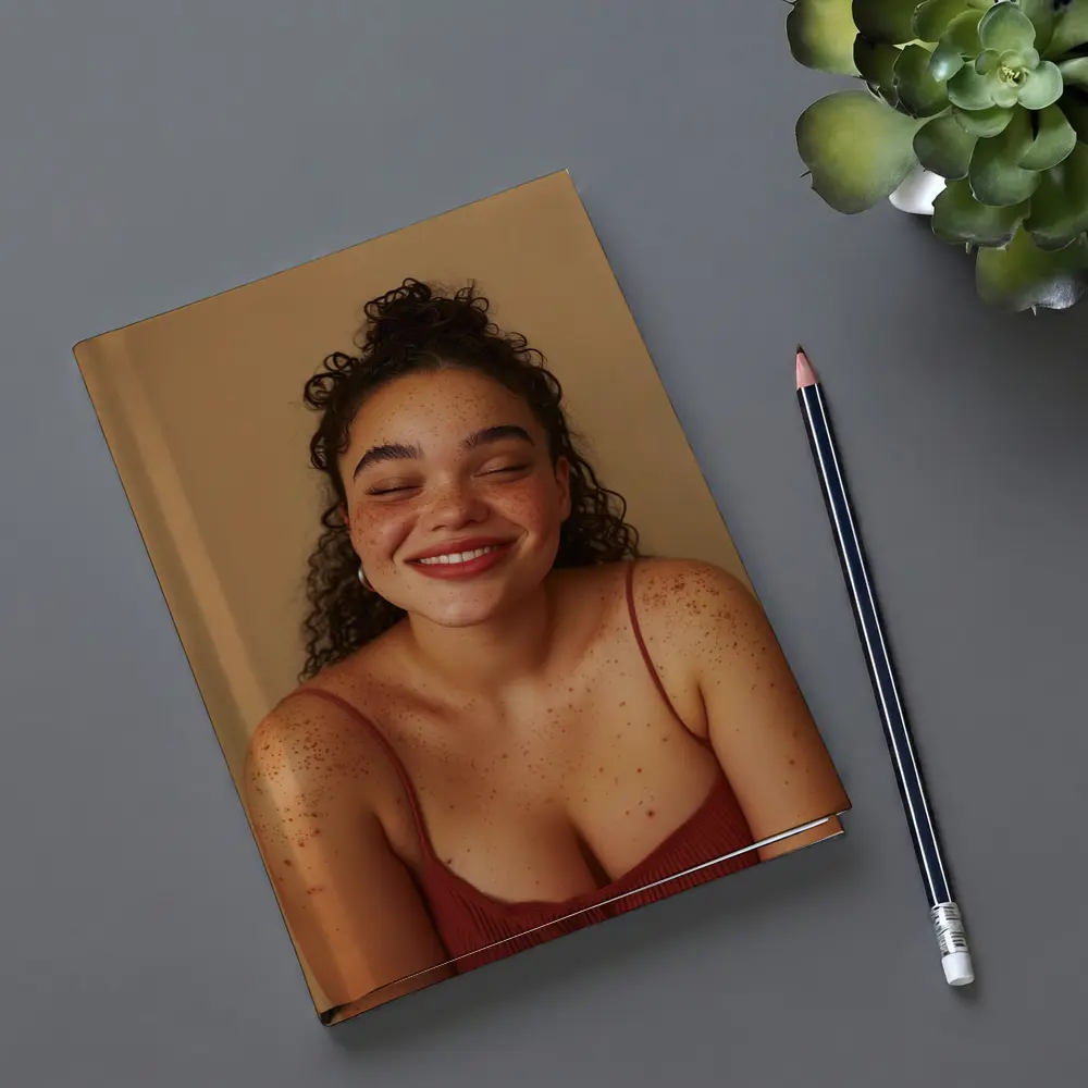 Smiling Young Woman Freckles Beige Background – Notebooks