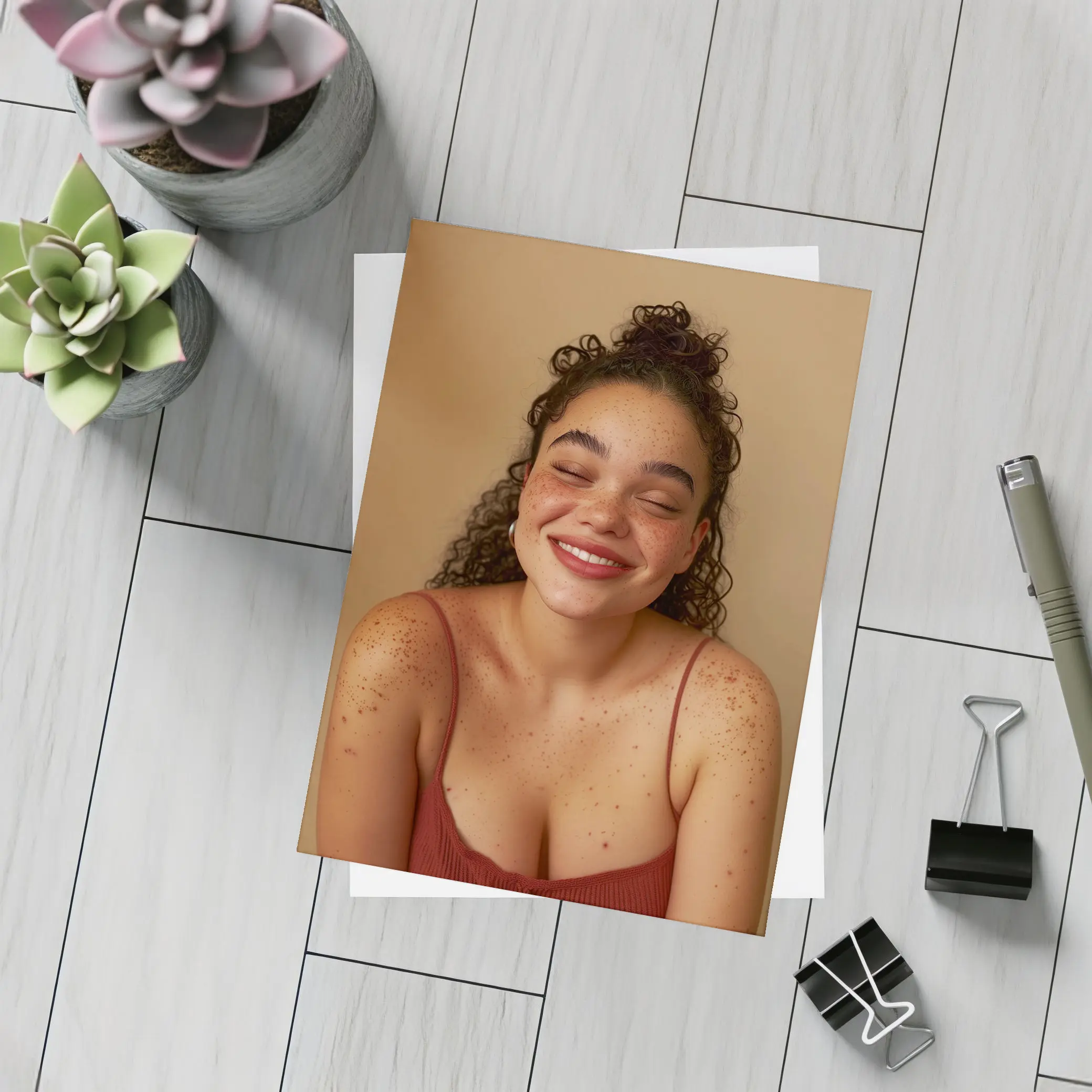 Smiling Young Woman Freckles Beige Background – Postcards
